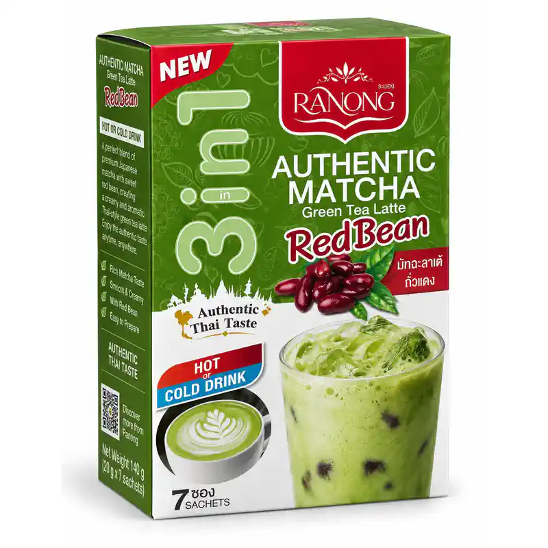 Ranong Authentic Matcha Green Tea Latte Red Bean, 7 Sachets, 140 g